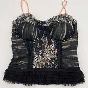 Forever 21 Paris Black Lace Corset Bustier Top S – Ruffle Trim, Zip Back